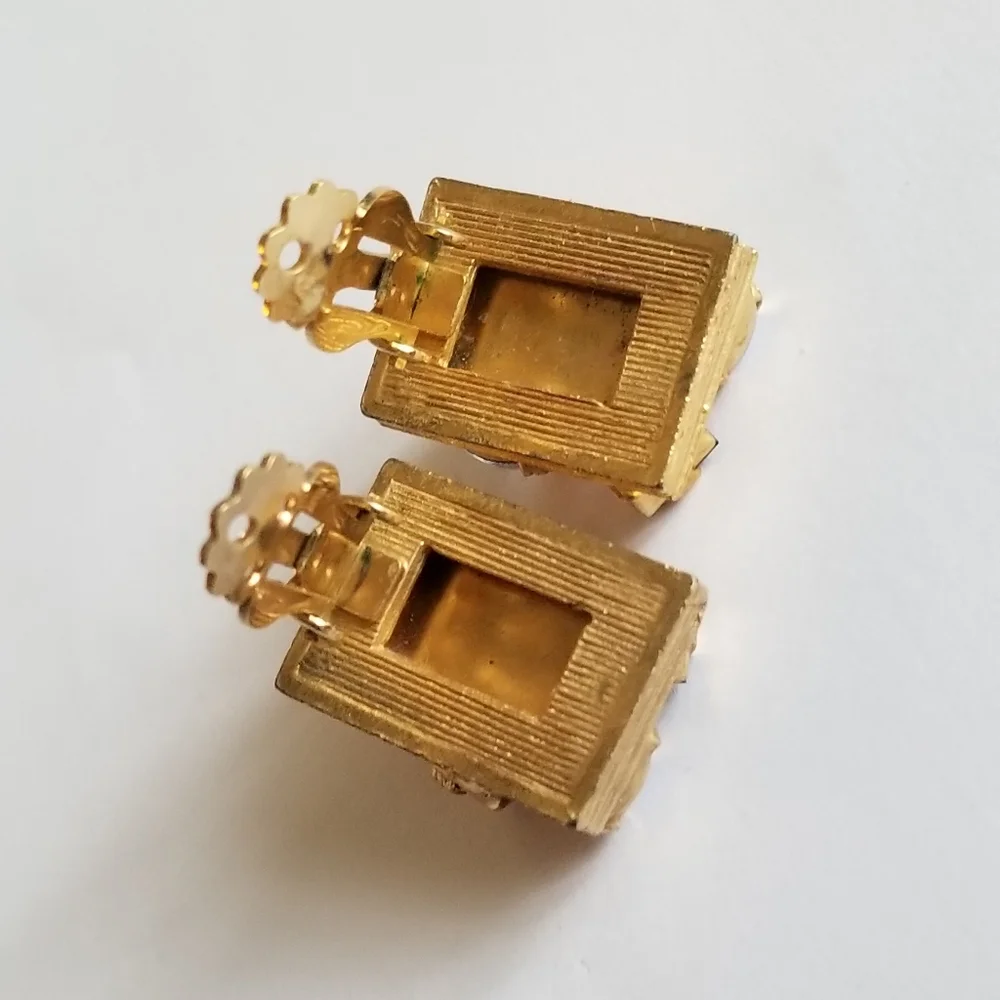 Vintage earrings rhinestone clip on faux opal gold tone rectangular chunky